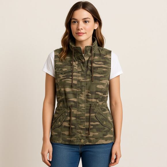American Rag Camo Utility Vest Women’s Large Army Green Full Zip - Picture 1 of 6